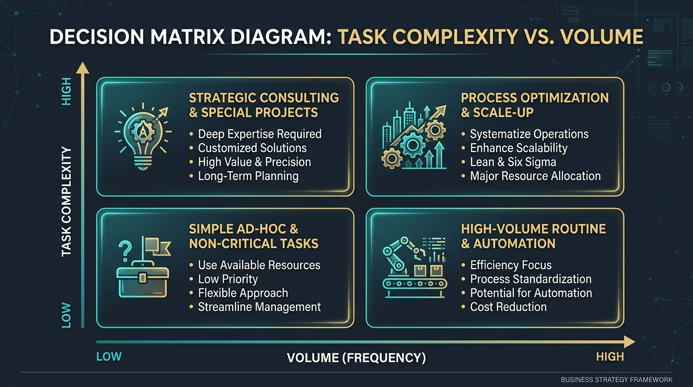 Decision framework showing when to hire a person versus when to automate with AI