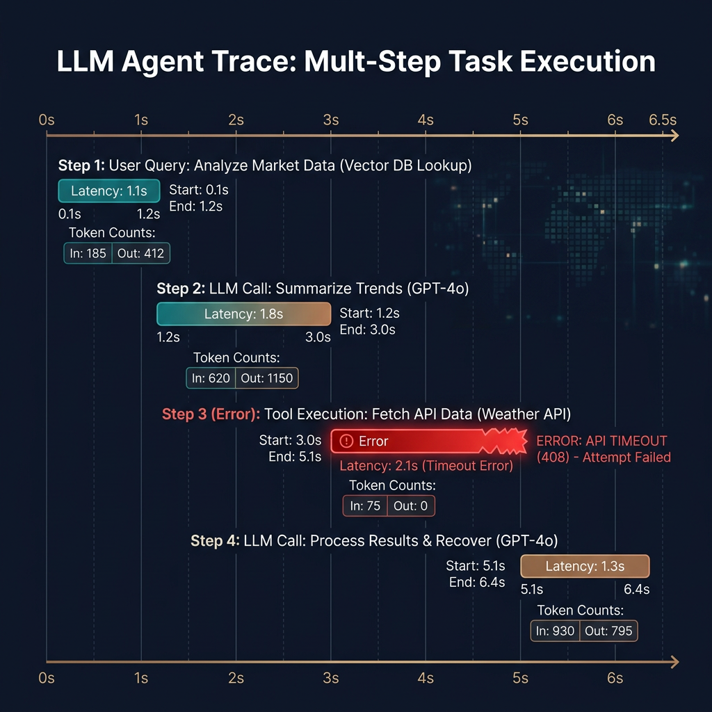LLM trace visualization showing nested spans: retrieval call, LLM call with prompt and response, tool calls, with latency and token counts at each step