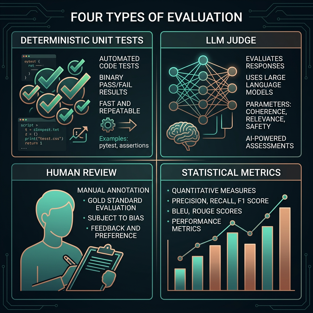 Three layers of LLM evaluation: component evals for individual steps, integration evals for multiple steps, end-to-end evals for full user journeys