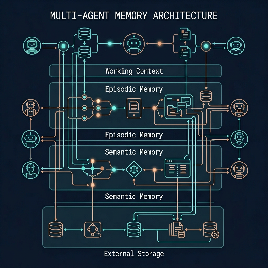 Four-layer agent memory architecture from working context to external storage