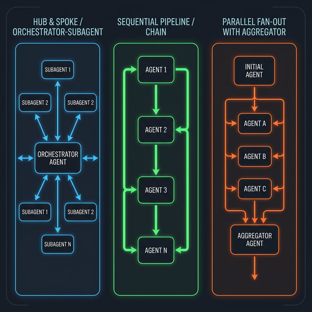 Three multi-agent coordination patterns: orchestrator-subagent, sequential pipeline, and parallel fan-out