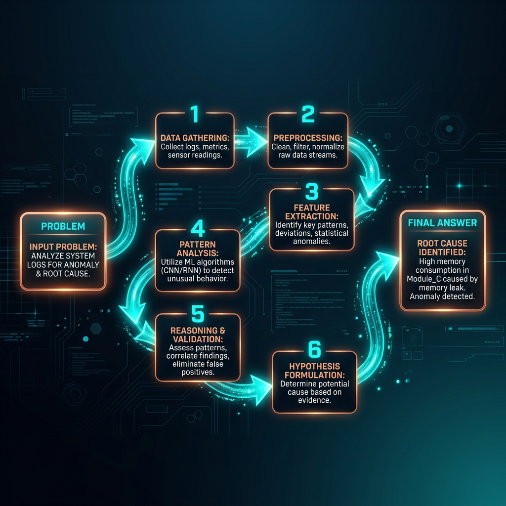 Chain-of-thought reasoning: problem statement leading through labeled reasoning steps to a verified answer
