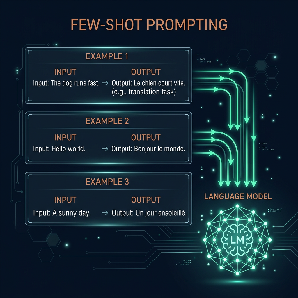 Few-shot prompting: labeled input-output example pairs demonstrating target behavior to a language model