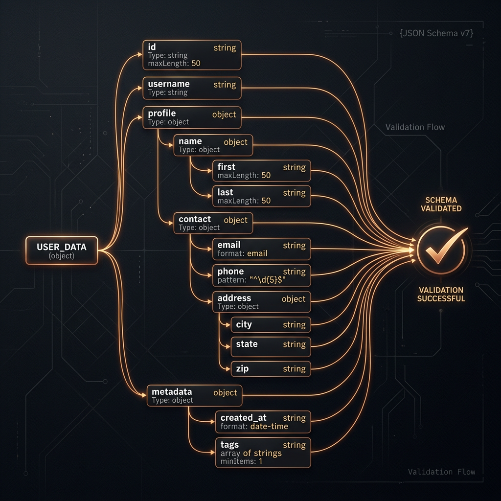 Structured output pipeline: schema definition flowing through LLM to validated JSON with field-level type checking