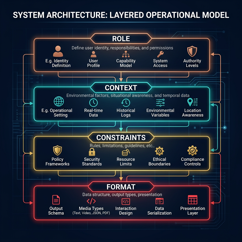 System prompt architecture showing four layers: role, context, constraints, and format stacked before the user turn