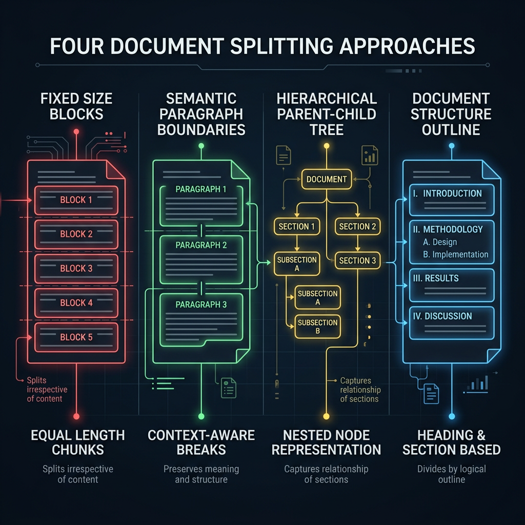 Four chunking strategies: fixed-size, semantic boundary, hierarchical parent-child, and document-structure-aware splitting