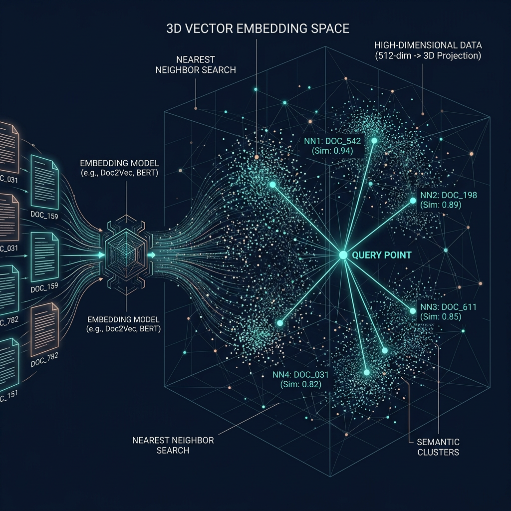 Vector embedding process: text converted to high-dimensional vectors, query vector finds nearest chunk vectors in vector space