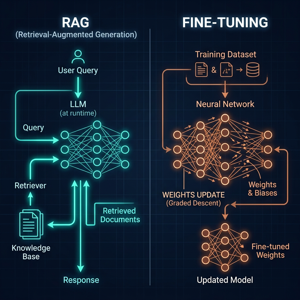 Side by side: RAG retrieves documents at runtime vs fine-tuning bakes knowledge into model weights at training time