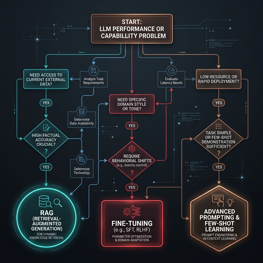 Decision tree: diagnose failure mode, then select prompt engineering, RAG, or fine-tuning accordingly