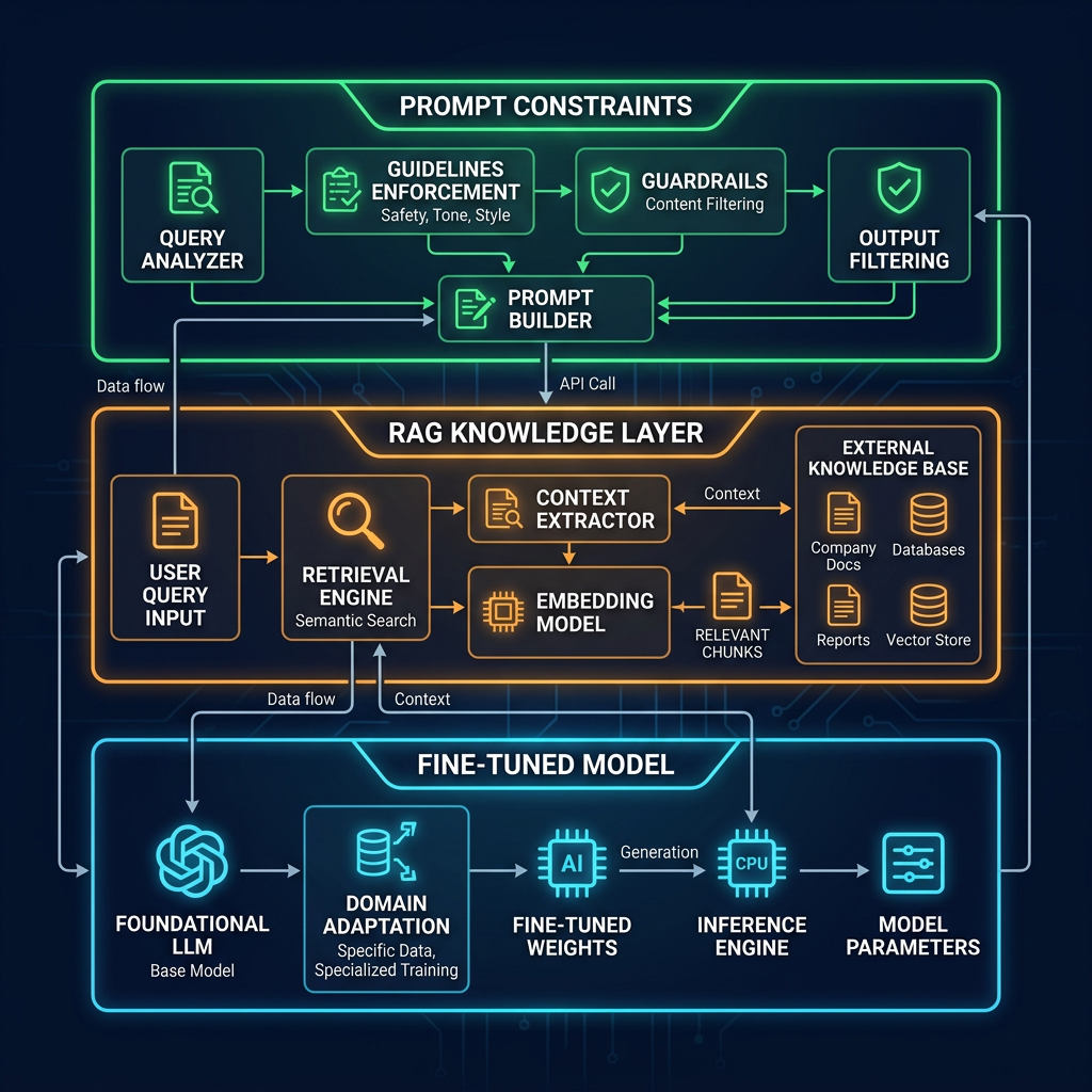 Hybrid architecture: fine-tuned model base layer, RAG knowledge layer, prompt constraint layer stacked together