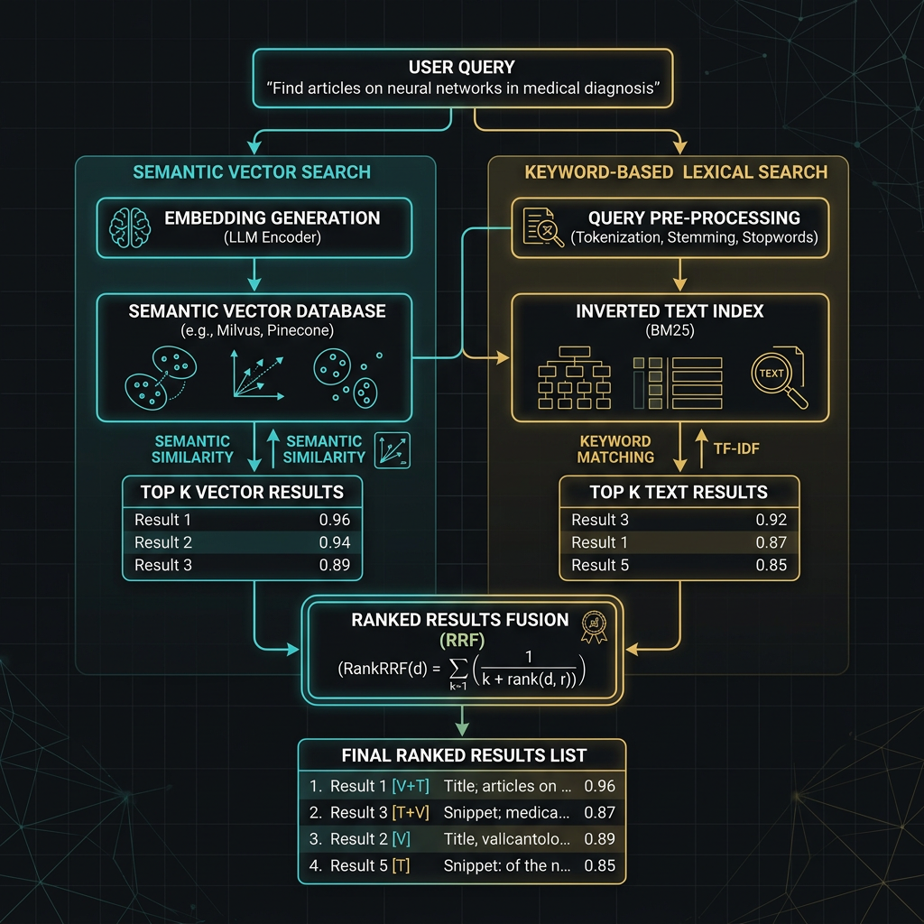 Hybrid search architecture: vector search and BM25 keyword search running in parallel, merged via reciprocal rank fusion into final ranked results