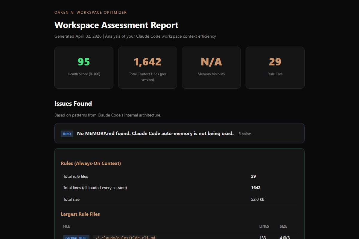 Claude workspace optimizer full assessment report with health score, issues, and recommendations